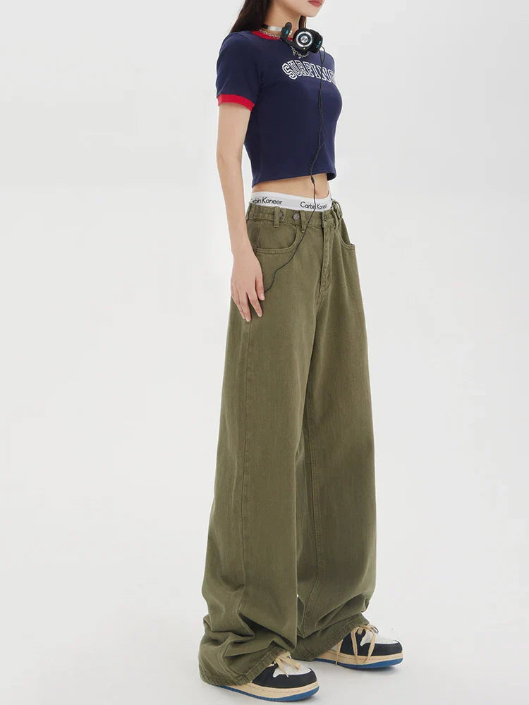 Baggy Olive Green Wide-Leg Jeans