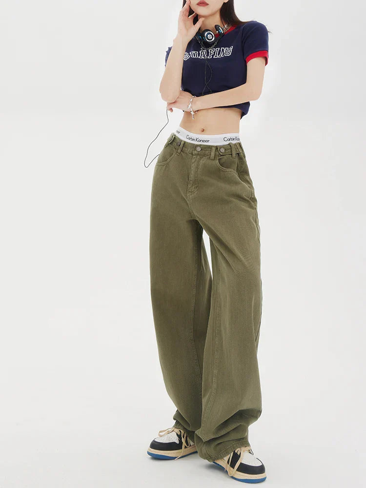 Baggy Olive Green Wide-Leg Jeans